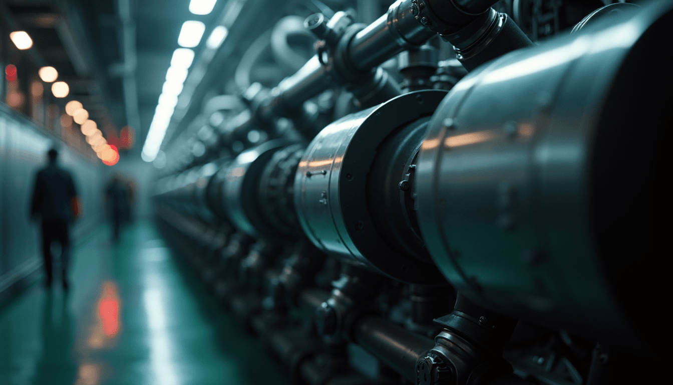 Close-up view of ship engine components being monitored